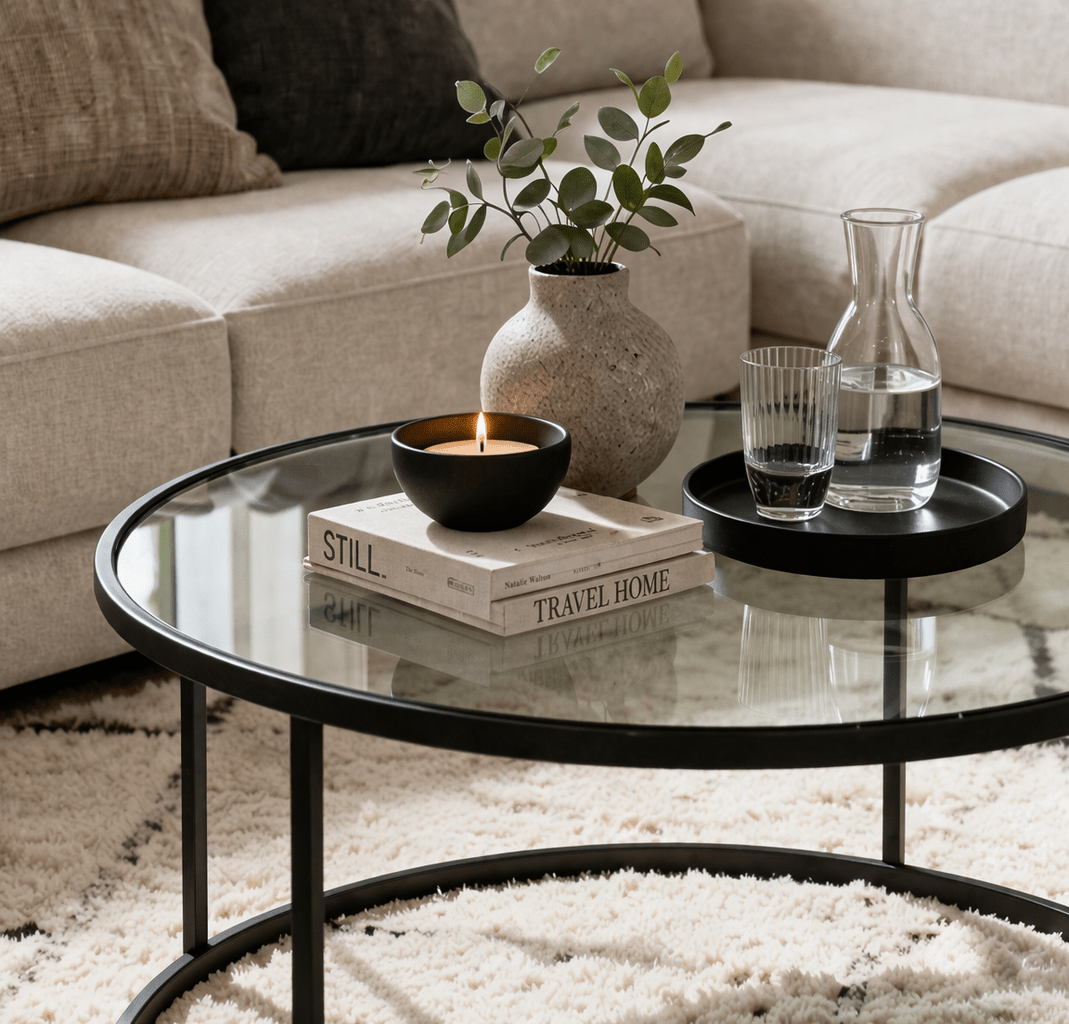 Coffee Table Glass Round 80 cm Barlin - Black Frame 
