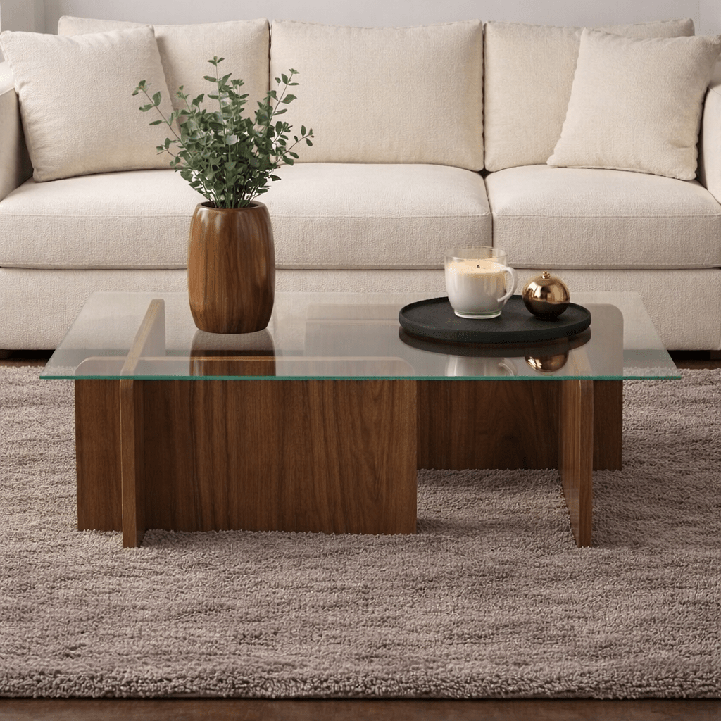 Coffee table Natural Walnut Glass Opal 105x65x30 cm 