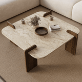 Salontafels - Japandi salontafel travertin met walnoot - melamine - 90 x 90 cm - Alfro - Dimehouse