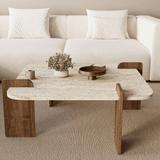 Salontafels - Japandi salontafel travertin met walnoot - melamine - 90 x 90 cm - Alfro - Dimehouse