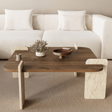 Salontafels - Japandi salontafel walnoot met travertin - melamine - 90 x 90 cm - Alfro - Dimehouse