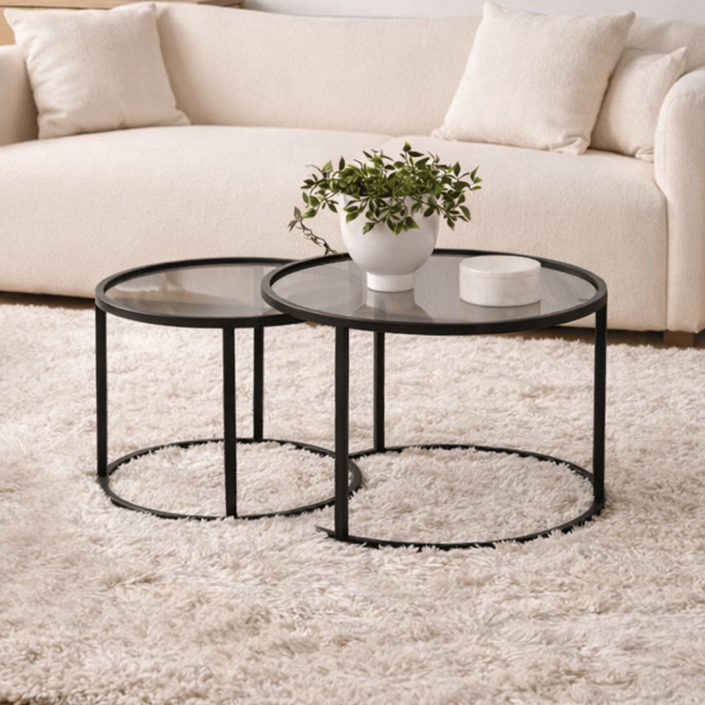 Salontafels - Salontafelset van 2 Rond Glas - Zwart Frame - 42 en 60 cm - Barlin - Dimehouse