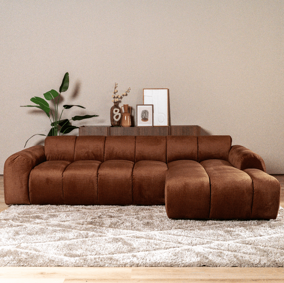 Sofas-Corner sofa with lounge copper velvet textured fabric - stripes - right - Brix-Dimehouse