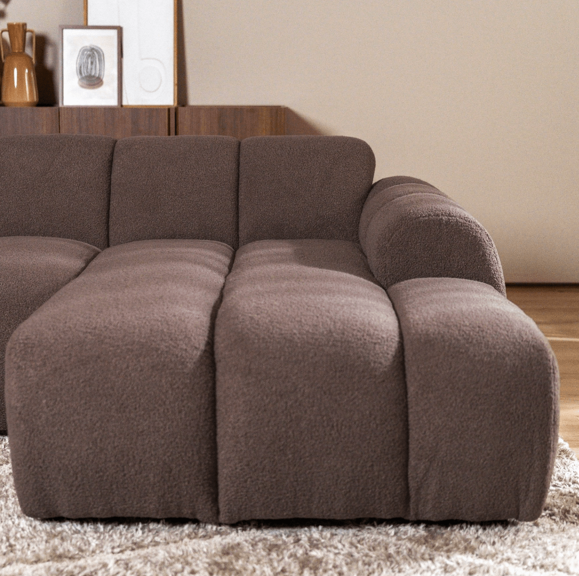 Sofas-Corner sofa with lounge soft brown bouclé fabric - stripes - right - Brix -Dimehouse