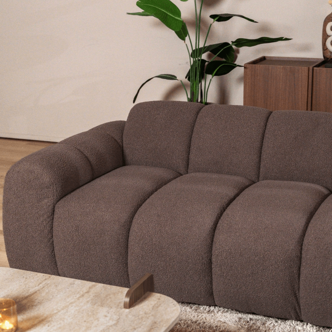 Sofas-Corner sofa with lounge soft brown bouclé fabric - stripes - right - Brix -Dimehouse