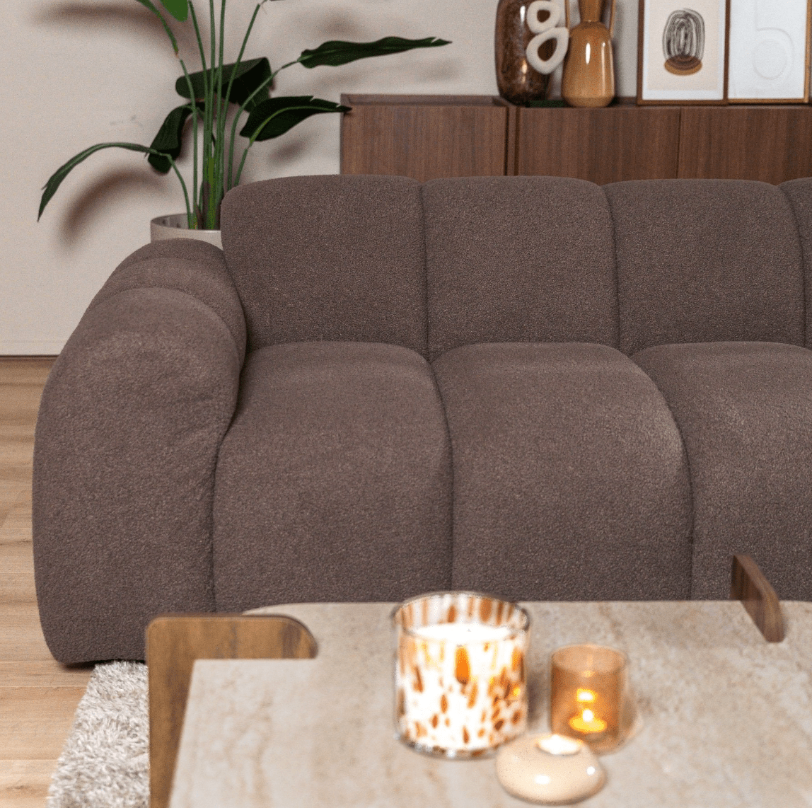 Sofas-Corner sofa with lounge soft brown bouclé fabric - stripes - right - Brix -Dimehouse