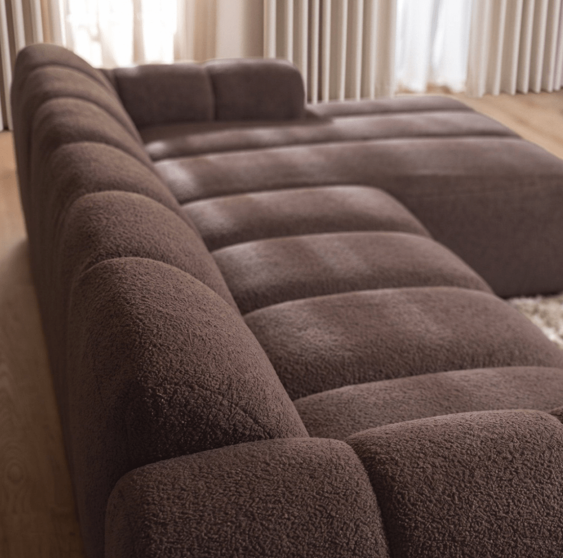 Sofas-Corner sofa with lounge soft brown bouclé fabric - stripes - right - Brix -Dimehouse