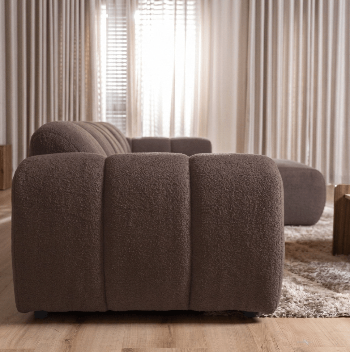 Sofas-Corner sofa with lounge soft brown bouclé fabric - stripes - right - Brix -Dimehouse