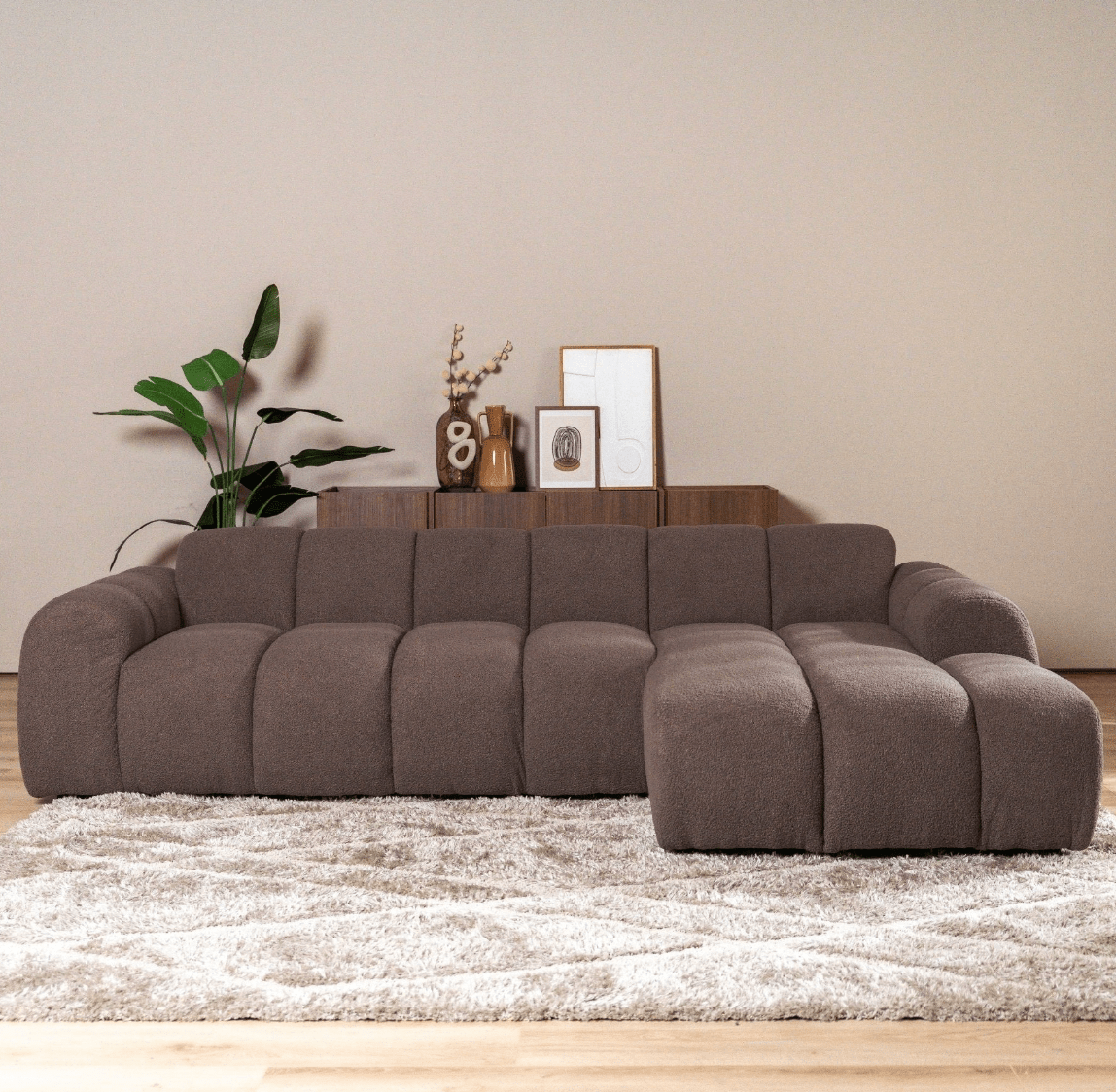 Sofas-Corner sofa with lounge soft brown bouclé fabric - stripes - right - Brix -Dimehouse