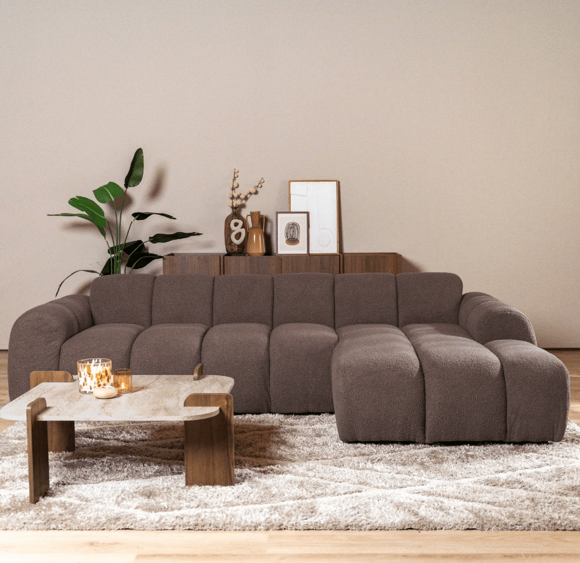 Sofas-Corner sofa with lounge soft brown bouclé fabric - stripes - right - Brix -Dimehouse