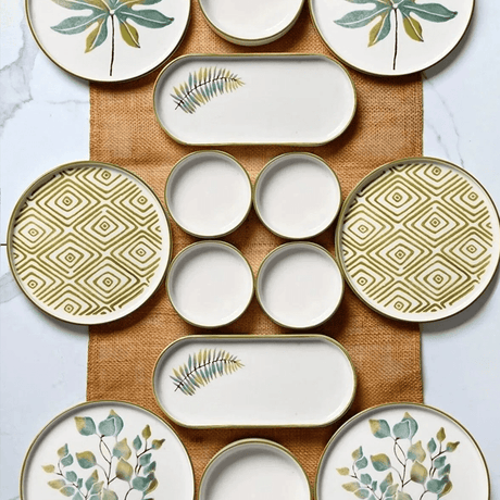 Breakfast Set (14 Pieces) - Servies set keramiek - 14 delig - Botanisch groen - Leave - Dimehouse