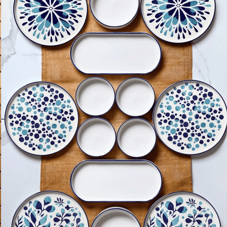 Breakfast Set (14 Pieces) - Servies set keramiek - 14 delig - Wit met blauw - Nature - Dimehouse