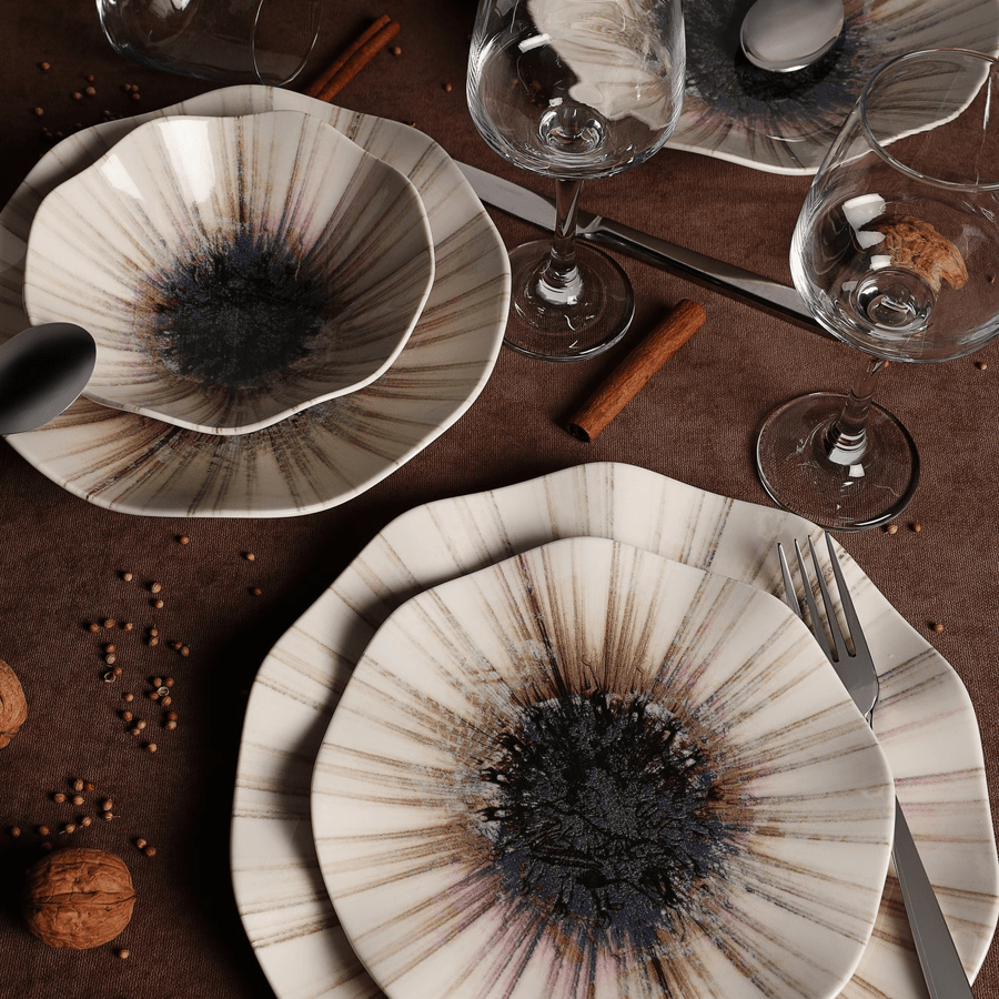 Servies set porselein - 24 delig -  Beige met zwart - Solar