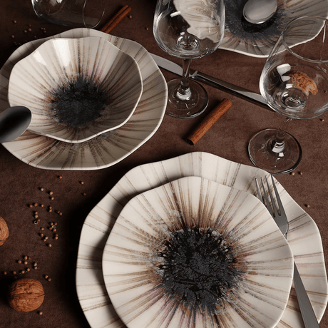 Dinner Set (24 Pieces) - Servies set porselein - 24 delig - Beige met zwart - Solar - Dimehouse