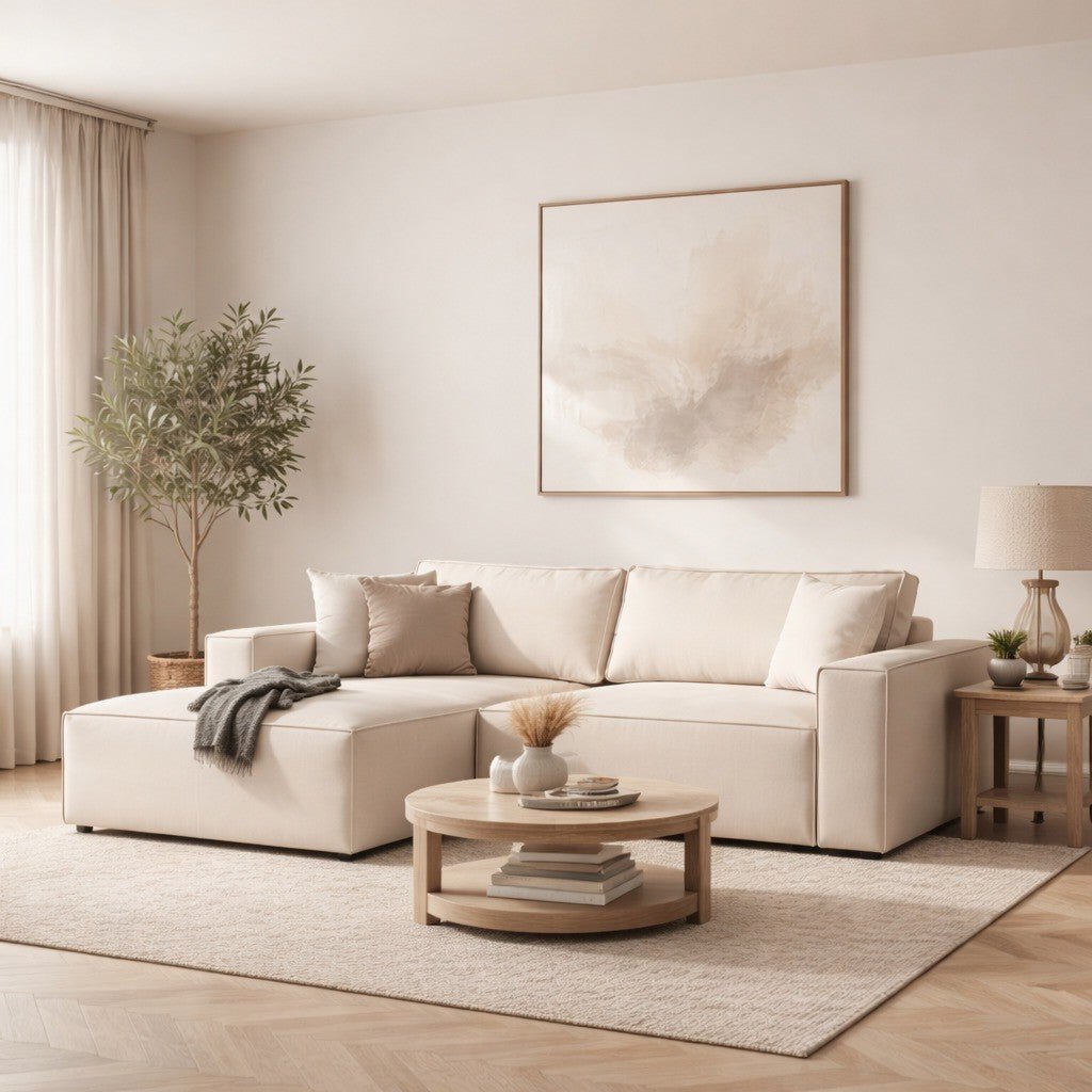 Beige fabric sofa bed - with storage space - left facing - 260 x 170 cm - Pirlo