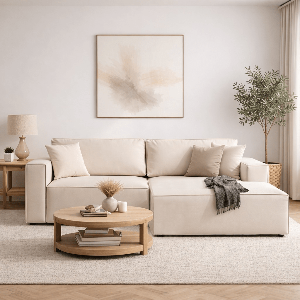 Beige fabric sofa bed - with storage space - right facing - 260 x 170 cm - Pirlo