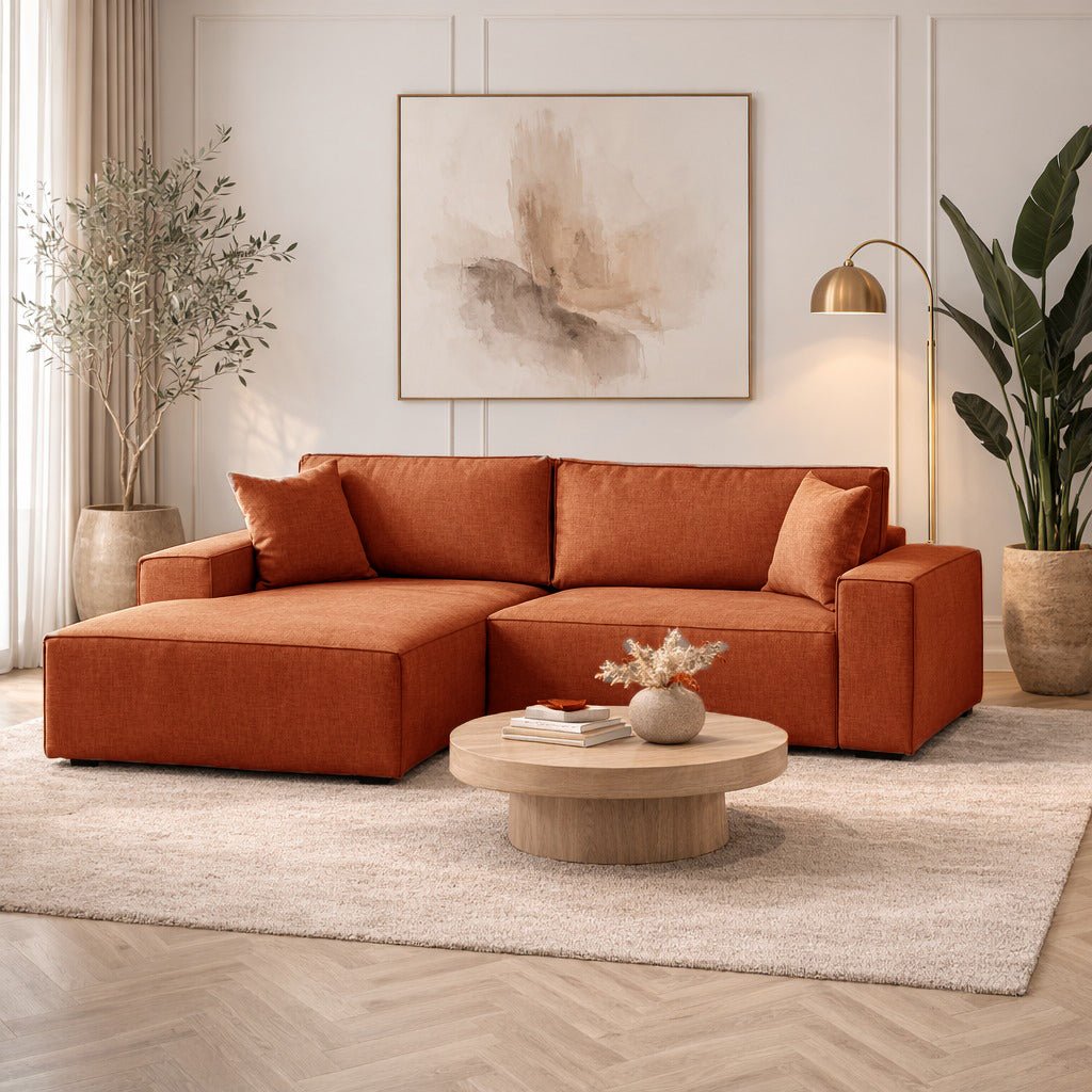 Terracotta fabric sofa bed - with storage space - left facing - 260 x 170 cm - Pirlo