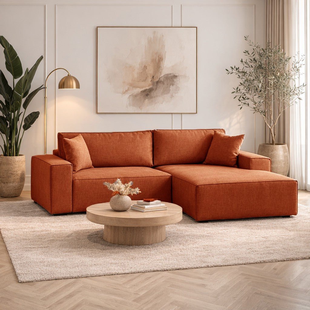 Terracotta fabric sofa bed - with storage space - right facing - 260 x 170 cm - Pirlo