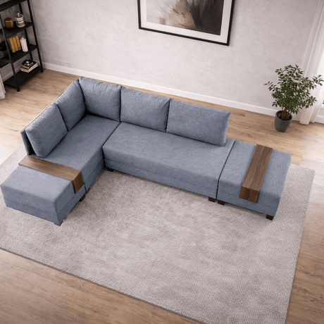 Corner sofa with sleeping function on the left fly blue