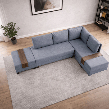 Corner sofa with sleeping function on the right fly blue