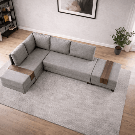 Corner sofa with sleeping function on the left fly cream