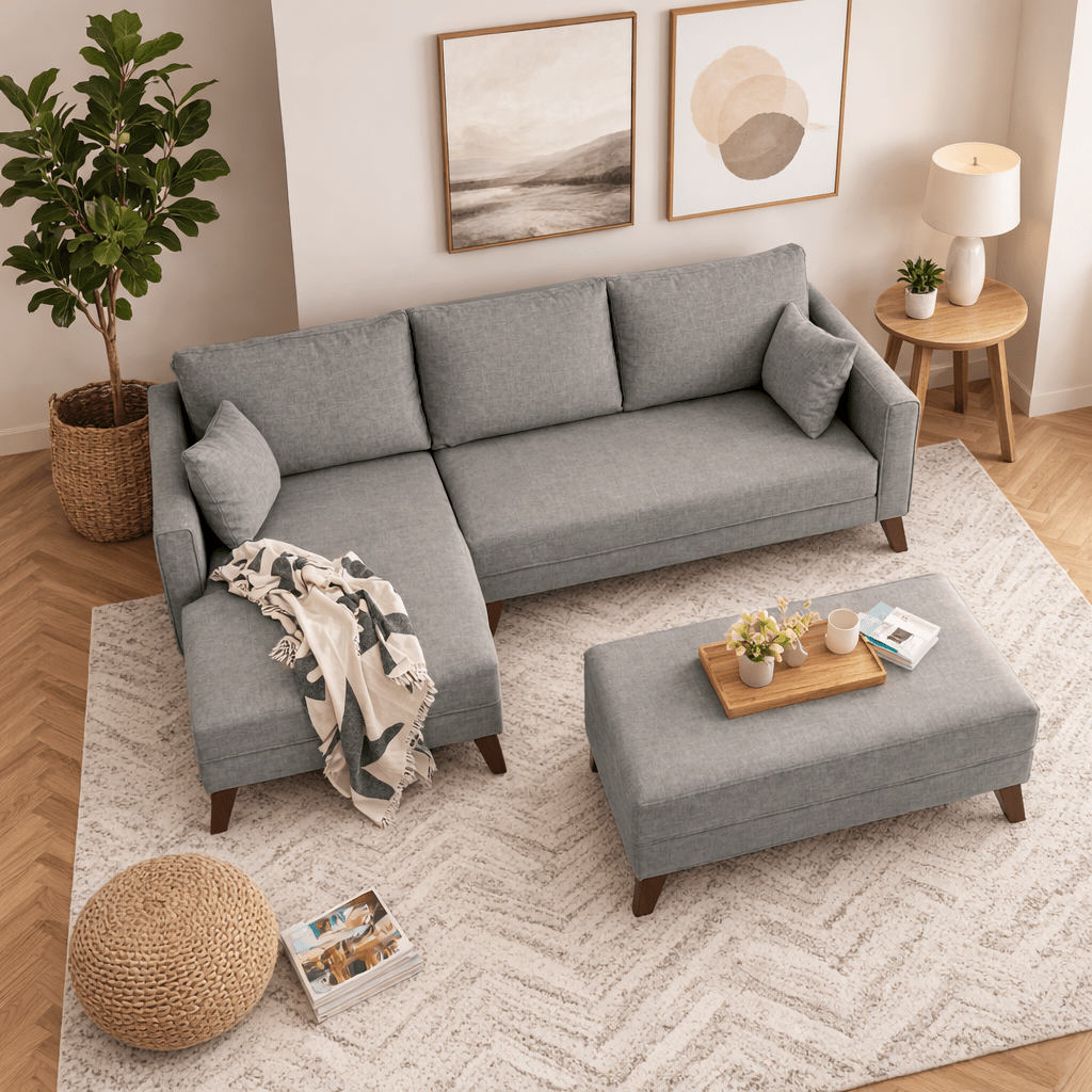 Sofas - Gray fabric sofa bed - corner sofa including ottoman - Left - Bella - Dimehouse