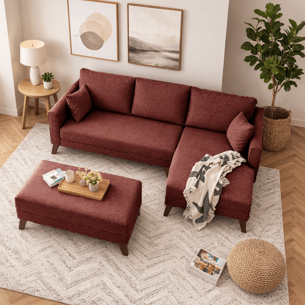 Red fabric sofa bed - two seater - including ottoman - right facing - Bella