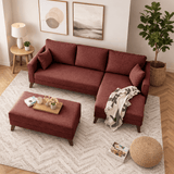 Red fabric sofa bed - two seater - including ottoman - right facing - Bella