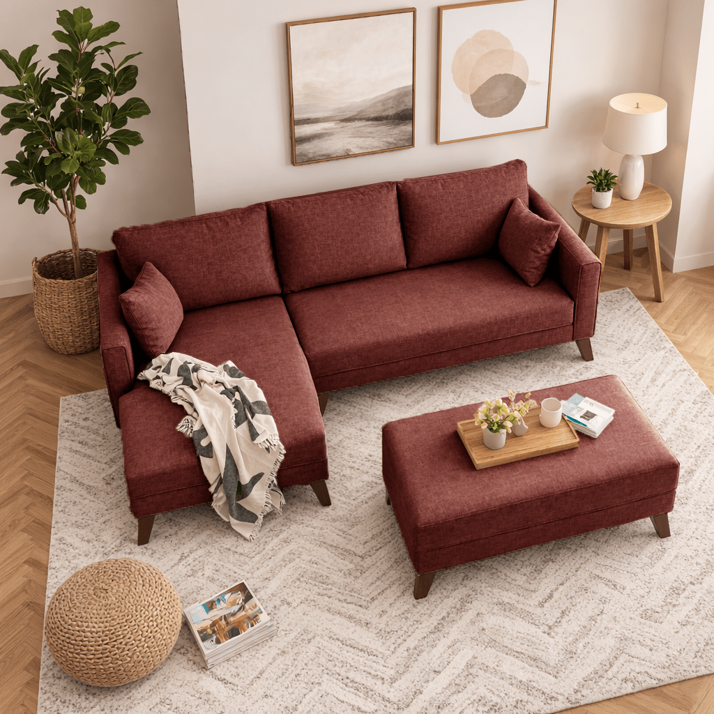 Red fabric sofa bed - two seater - including ottoman - left facing - Bella