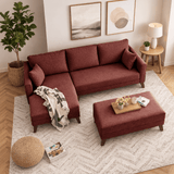 Red fabric sofa bed - two seater - including ottoman - left facing - Bella