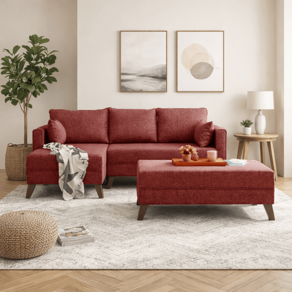 Red fabric sofa bed - two seater - including ottoman - left facing - Bella