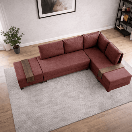 Corner sofa with sleeping function on the right fly claret red