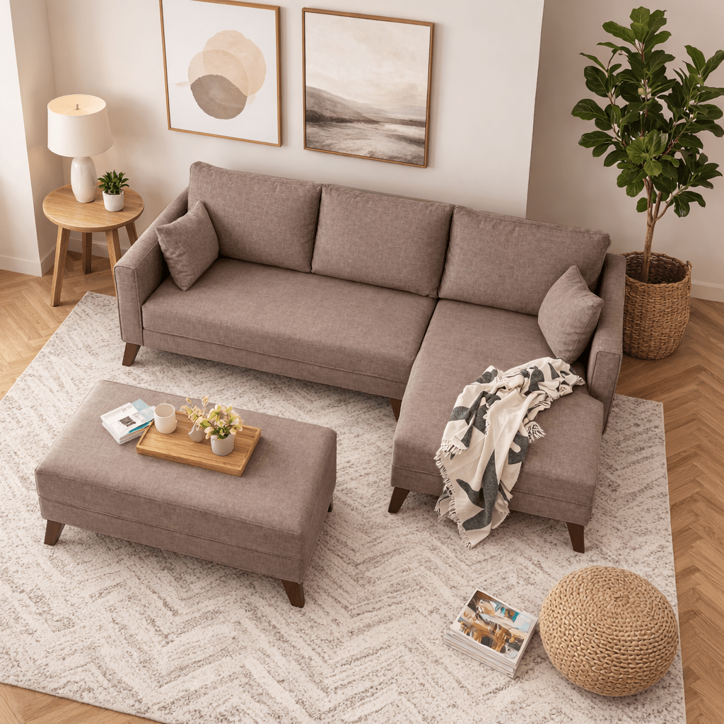 Taupe fabric sofa bed - two seater - including ottoman - right facing - Bella