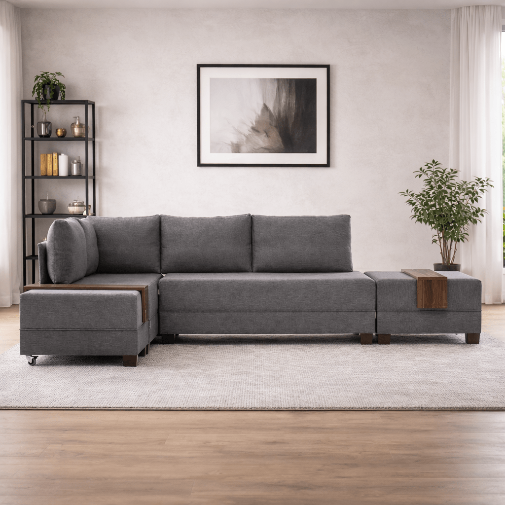 Corner sofa with sleeping function on the left fly brown