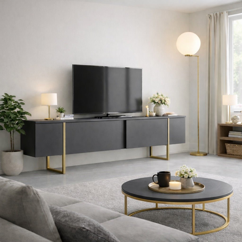 TV Meubels - TV Meubel Luxe Antraciet Goud Melamine 180x50x30 cm - Dimehouse