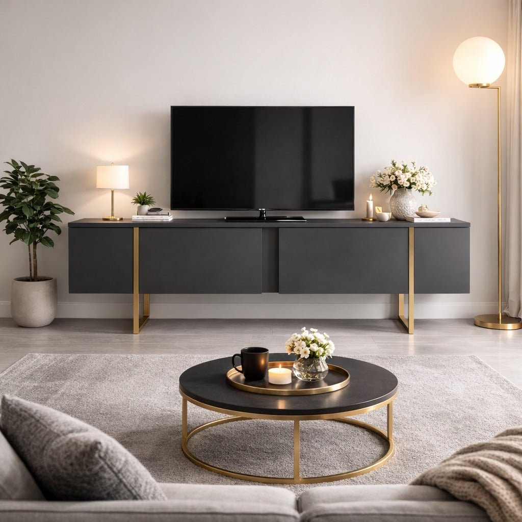 TV Meubels - TV Meubel Luxe Antraciet Goud Melamine 180x50x30 cm - Dimehouse