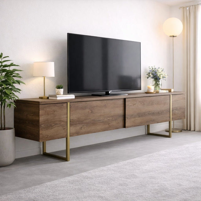 TV Meubels - TV Meubel Luxe Walnoot Goud Melamine 180x50x30 cm - Dimehouse