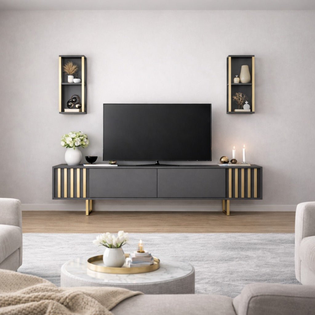TV furniture set Gold Line Anthracite Black Melamine 180x48x30 cm