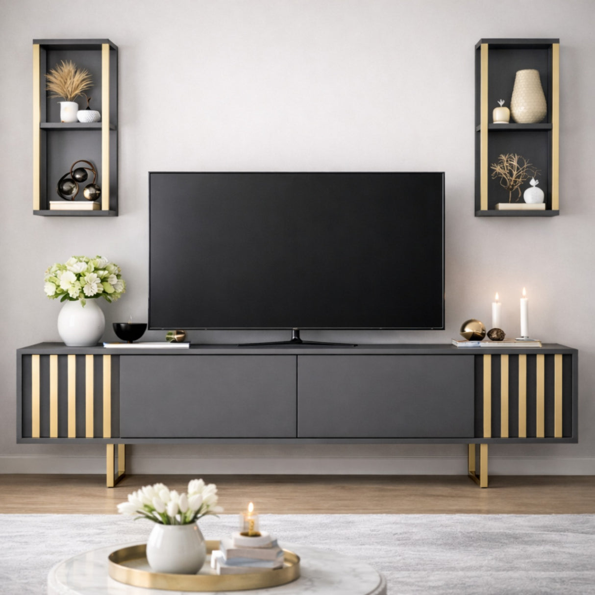 TV furniture set Gold Line Anthracite Black Melamine 180x48x30 cm