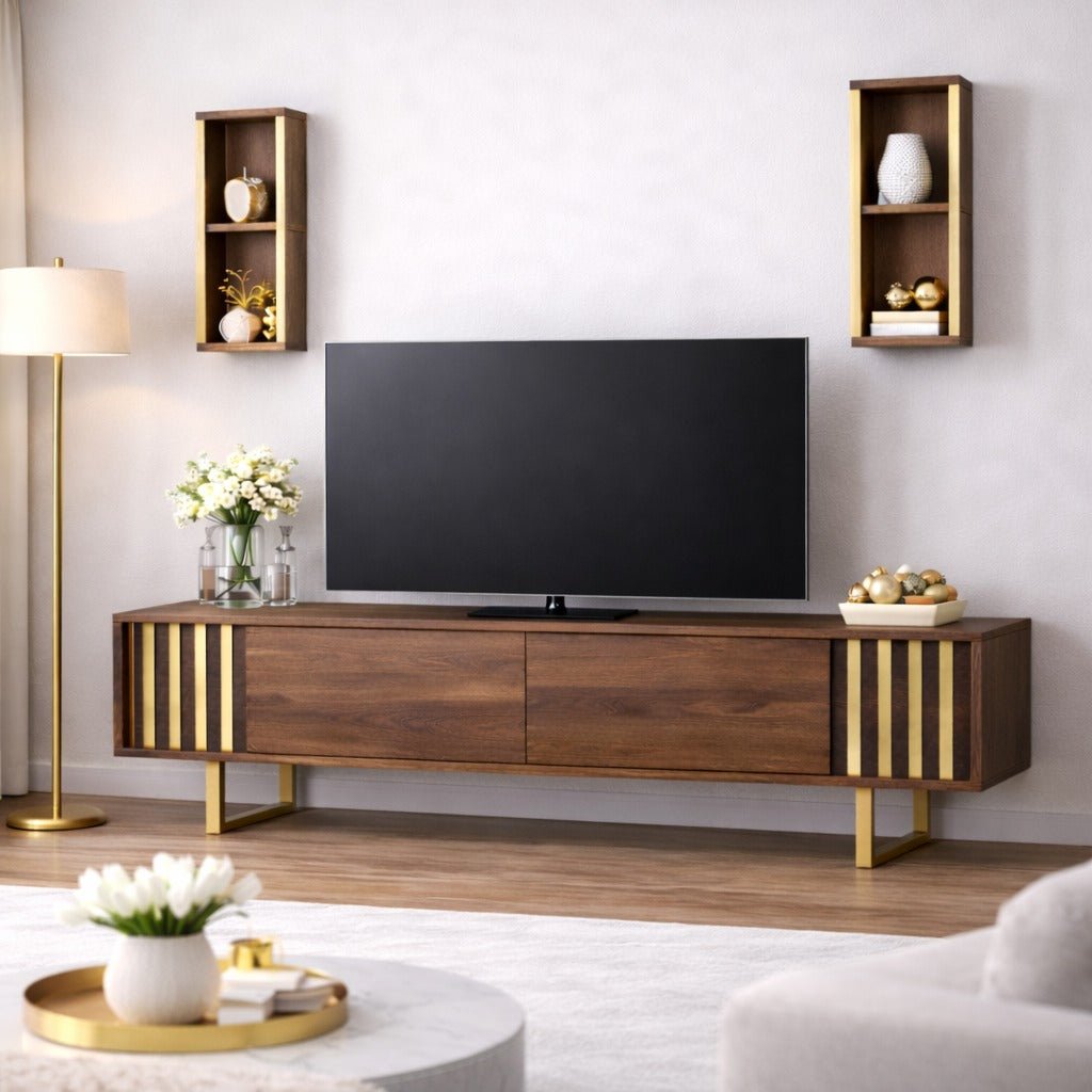 TV furniture set gold line walnut black melamine 180x48x30 cm