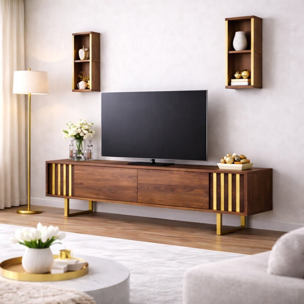 TV furniture set gold line walnut black melamine 180x48x30 cm