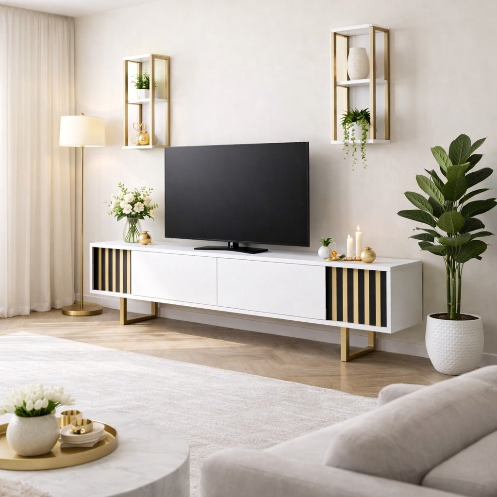 TV furniture set Gold Line White Black Melamine 180x48x30 cm