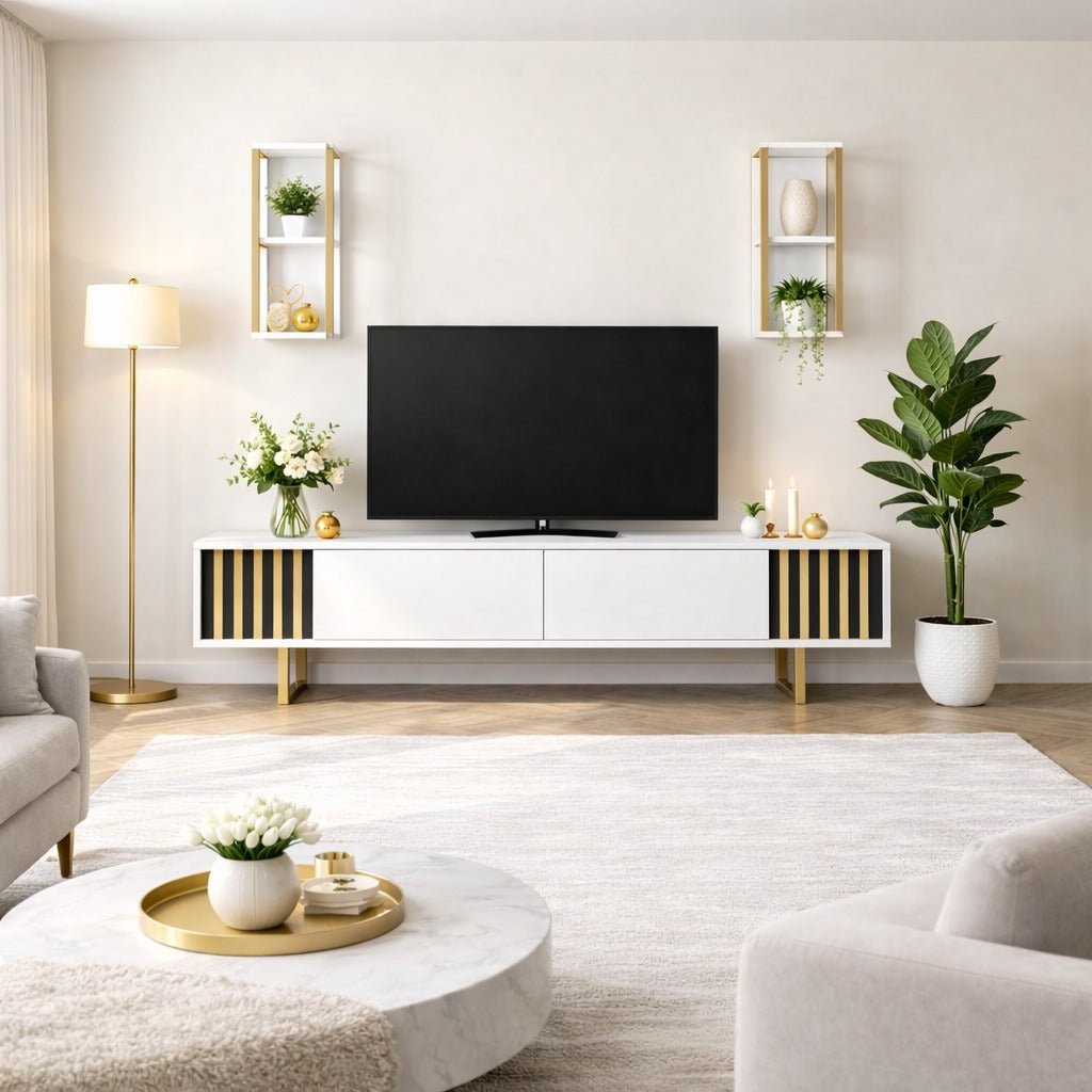 TV furniture set Gold Line White Black Melamine 180x48x30 cm