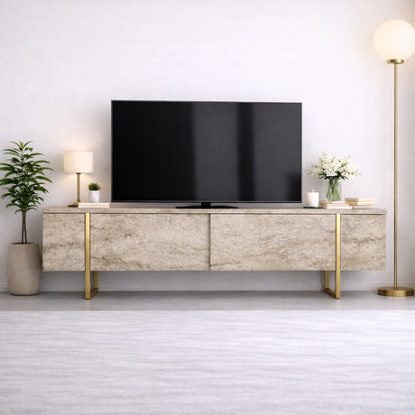 TV cabinet Travertine Luxe 180x50x30 - Gold frame