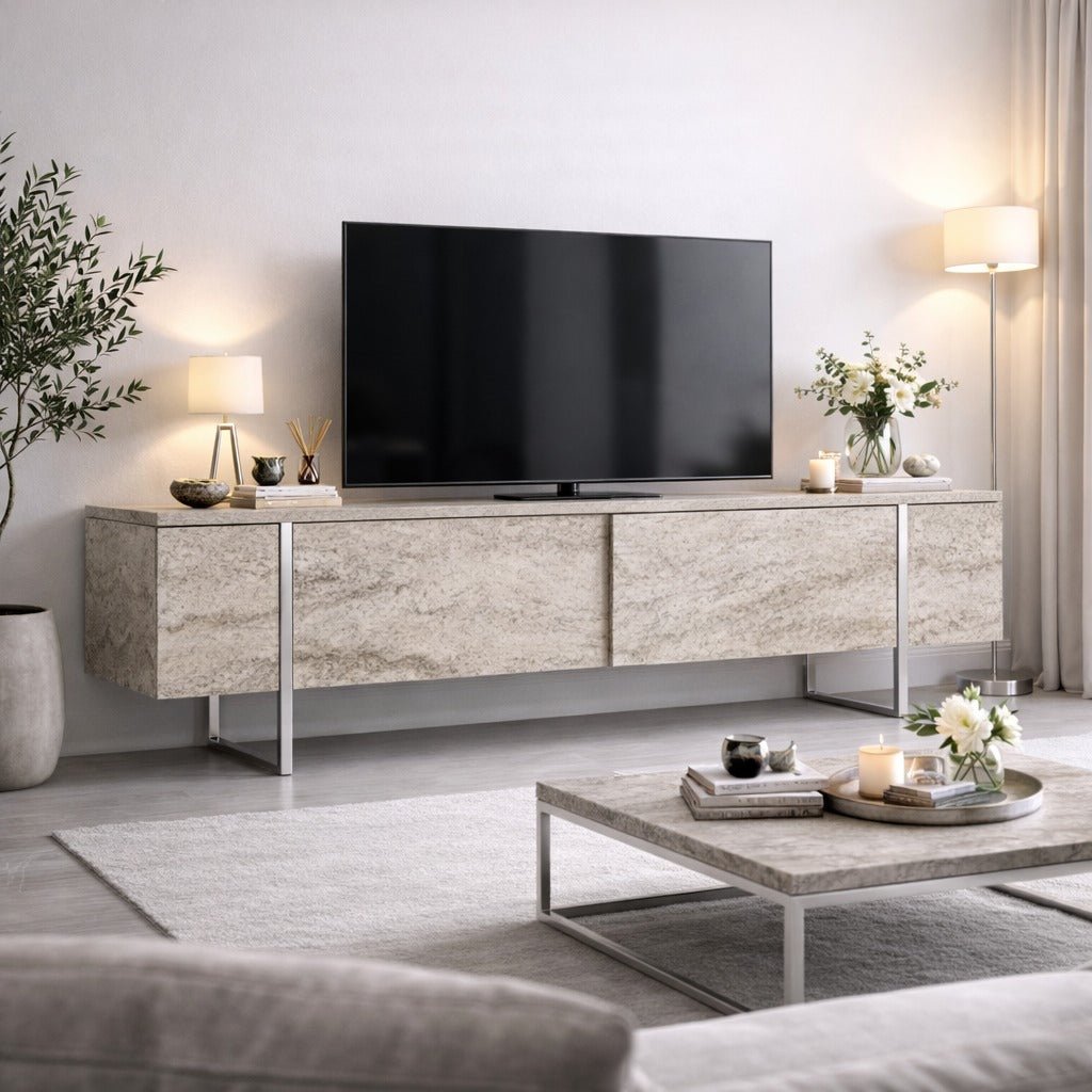 TV Meubels - TV Meubel Travertin Luxe 180x50x30 - Zilver Frame - Dimehouse