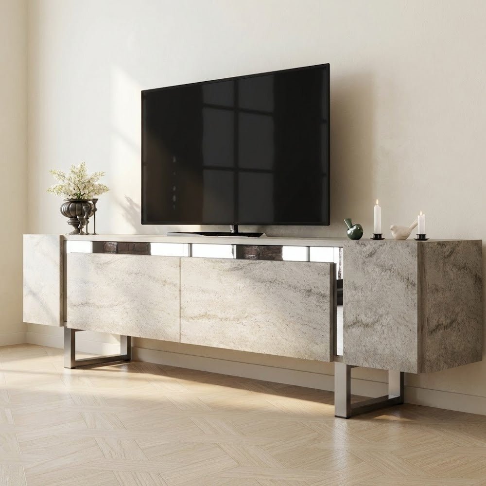 TV Cabinet Travertine Yildiz 180x50x30 - Silver Frame
