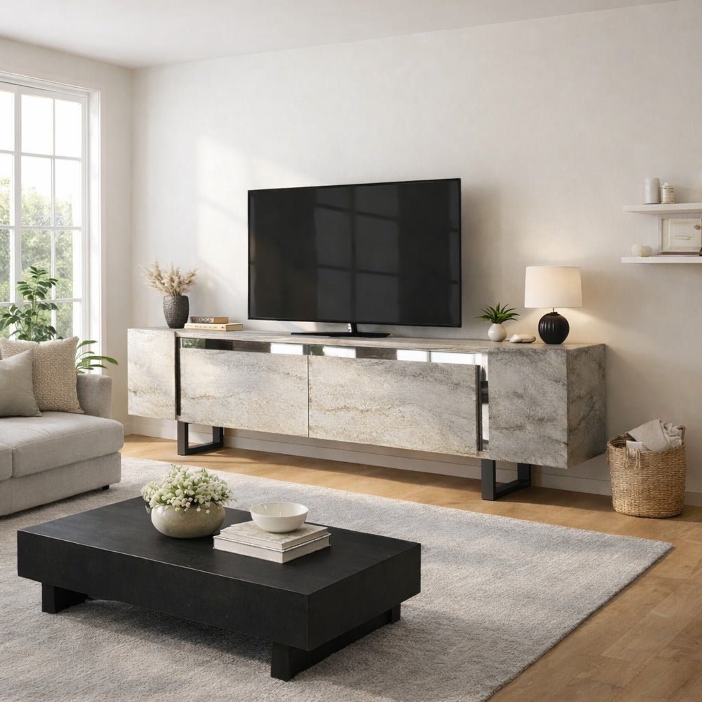 TV Cabinet Travertine Yildiz 180x50x30 - Silver Frame