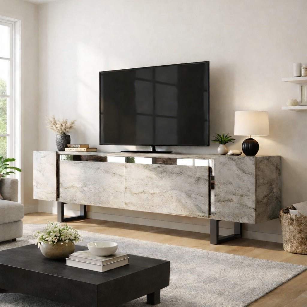 TV Cabinet Travertine Yildiz 180x50x30 - Silver Frame