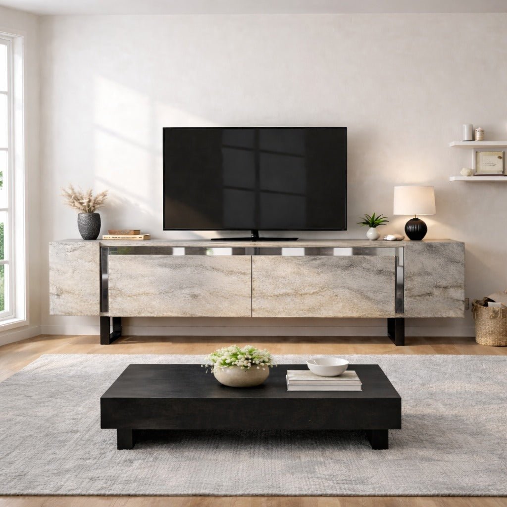 TV Cabinet Travertine Yildiz 180x50x30 - Silver Frame