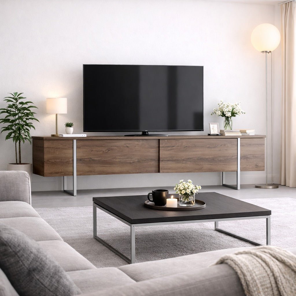 TV Meubels - TV Meubel Walnoot Luxe 180x50x30 - Zilver Frame - Dimehouse